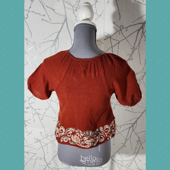 Edme & Esyllete Burnt Orange Wool Embroidered Short Peasant Blouse - Picture 4 of 5